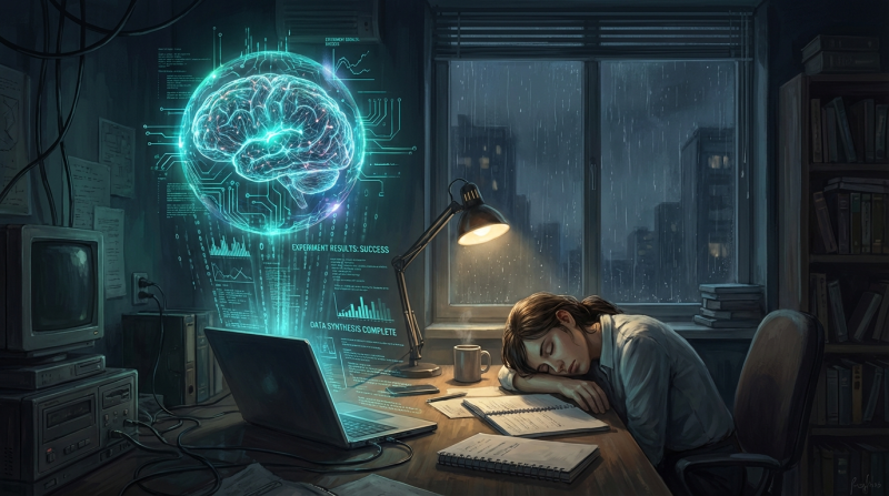 A woman asleep at her desk in a dark room while her laptop projects a glowing holographic brain and data streams reading "Experiment Results: Success," symbolizing Andrej Karpathy's AutoResearch running autonomous AI training loops overnight.
