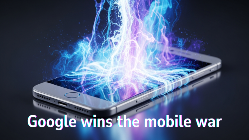 Visual representation of Google's mobile AI victory: smartphone emanating electric energy in Google's brand colors with text Google wins the mobile war, symbolizing Gemini's dominance on both Android and iPhone platforms