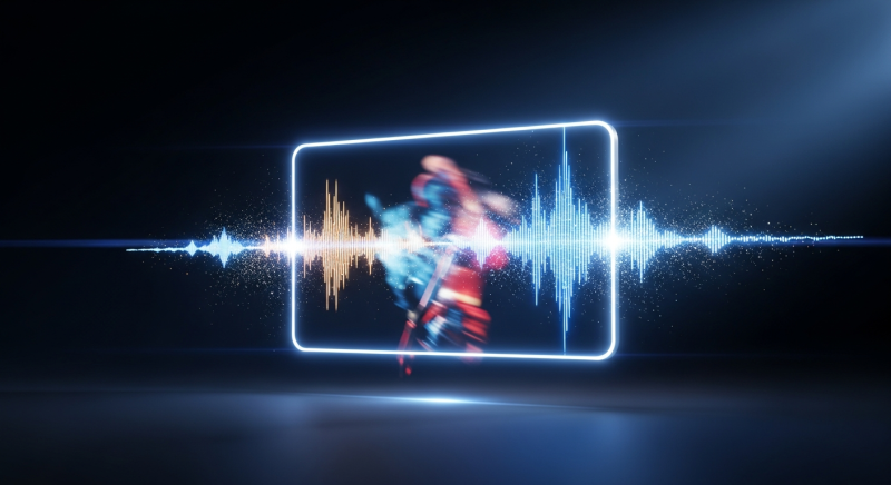 Glowing video frame with motion-blurred figure and audio waveform visualization merging into the image, representing synchronized video and audio generation breakthrough