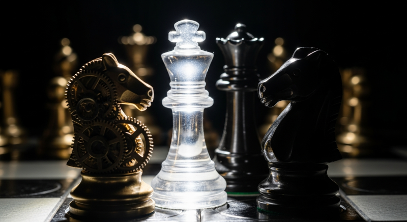 A dramatically lit chessboard with a glowing king at the center, flanked by a mechanical knight and a black knight, symbolizing the strategic battle between new AI models.