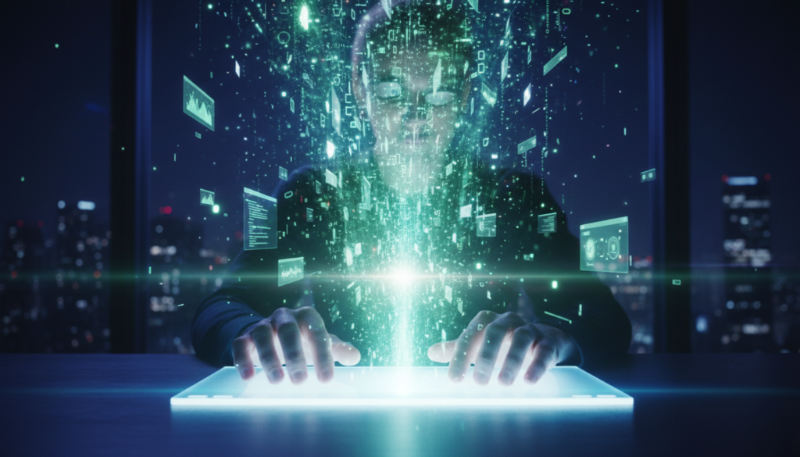 A developer's hands are hovering over a keyboard in a dark room. Instead of keys, the keyboard is a flat plane of light. As their fingers touch it, a massive, brilliant supernova of glowing code and application windows erupts from the keyboard, filling the entire room with light and energy. High-energy, motion blur, lens flare, tech-noir aesthetic.