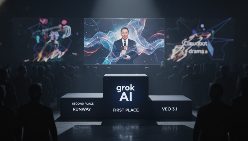 A winner's podium showing Grok AI taking first place over Runway and Google Veo 3.1, with a screen in the background displaying Elon Musk holding a trophy, symbolizing Grok's unexpected victory in the video generation wars.