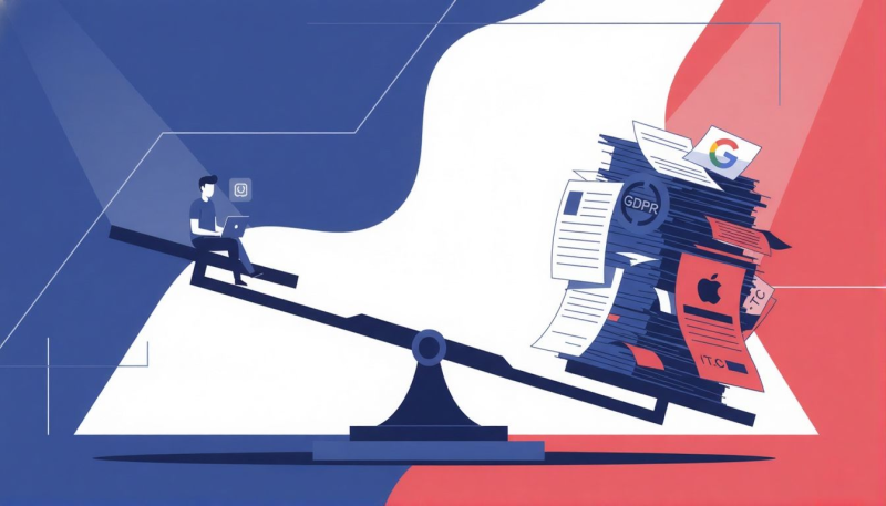 Split-screen balance scale with developer on laptop tipping toward massive stacks of Apple/Google legal documents, representing app store compliance burden on indie vibe coders, liability theme graphic.