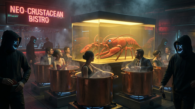 Professionals sit in a seafood restaurant staring at a giant lobster, unaware it's they themselves being slow boiled, whilst shadowy figures creep behind them stealing wallets and keys.